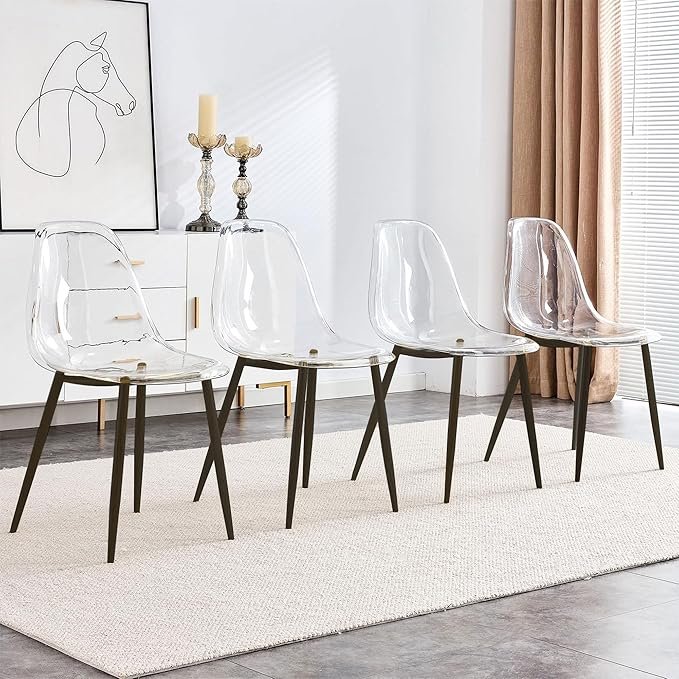 Baysitone modern dining chairs set of 4 with clear acrylic seats and black plated metal legs, perfect for dining room, kitchen, or living room