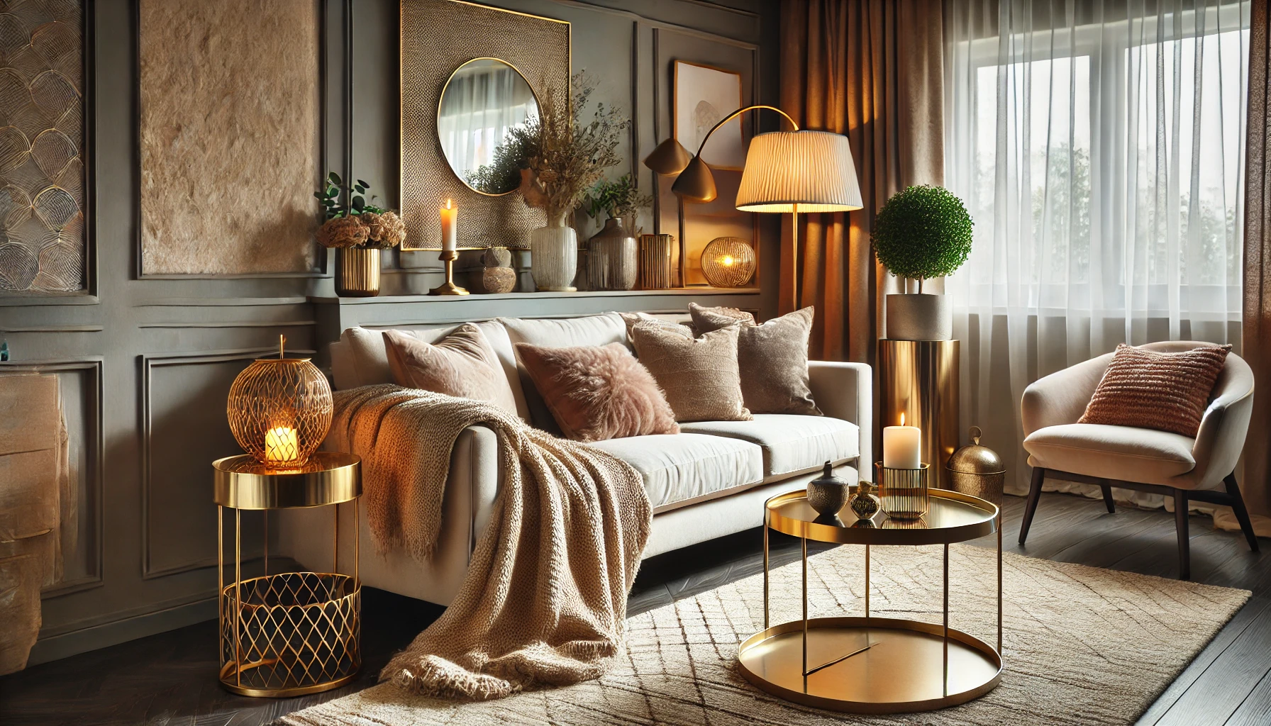 A cozy living room styled with a plush velvet throw, gold-accented coffee table, and soft ambient lighting, creating an inviting and luxurious atmosphere.