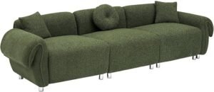Modern 3 seater teddy velvet sofa bed couch in green with 3 pillows, extra deep seats, perfect for small spaces