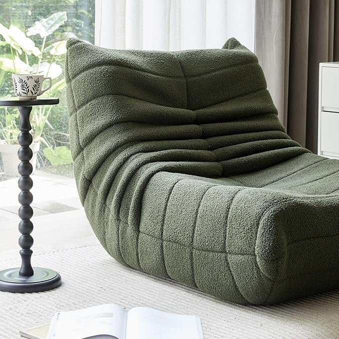 Green Lambswool Fireside Chair, modern armless floor lounge chair, comfortable bean bag sofa for living room, bedroom, or office