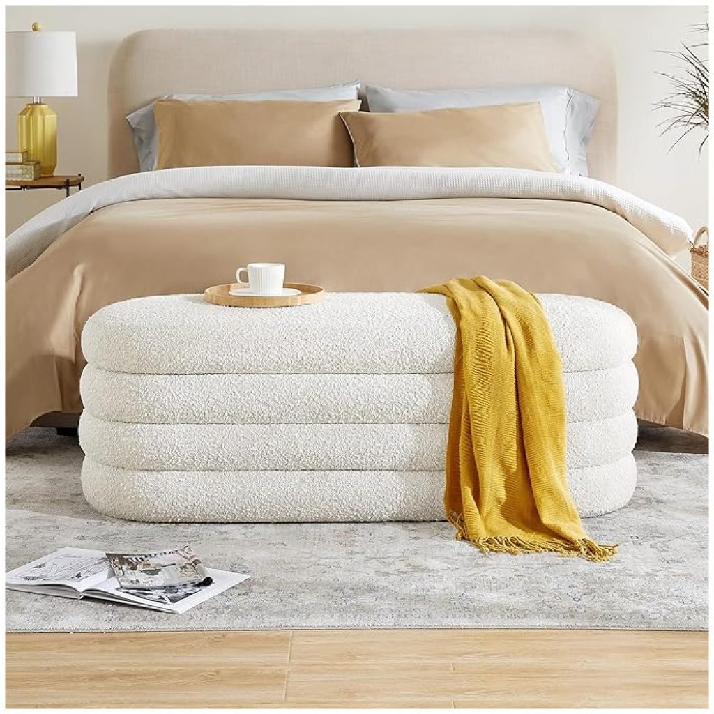 49.2 Inch Upholstered Fabric Storage Ottoman Bench – Large Oval Bench for Bedroom, Living Room, and Entryway (Ivory)