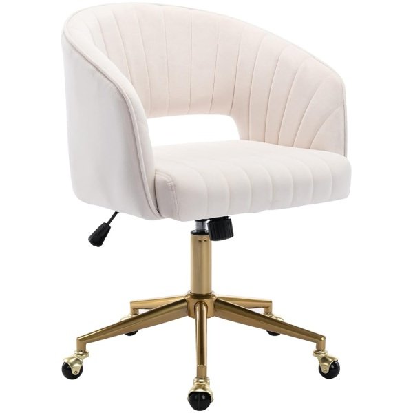 Cream velvet desk chair with tufted upholstery, gold swivel base, and ergonomic design, perfect for home office or study.