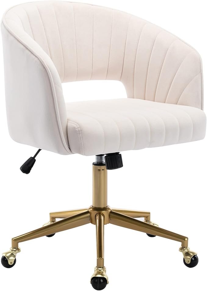 Cream velvet desk chair with tufted upholstery, gold swivel base, and ergonomic design, perfect for home office or study.