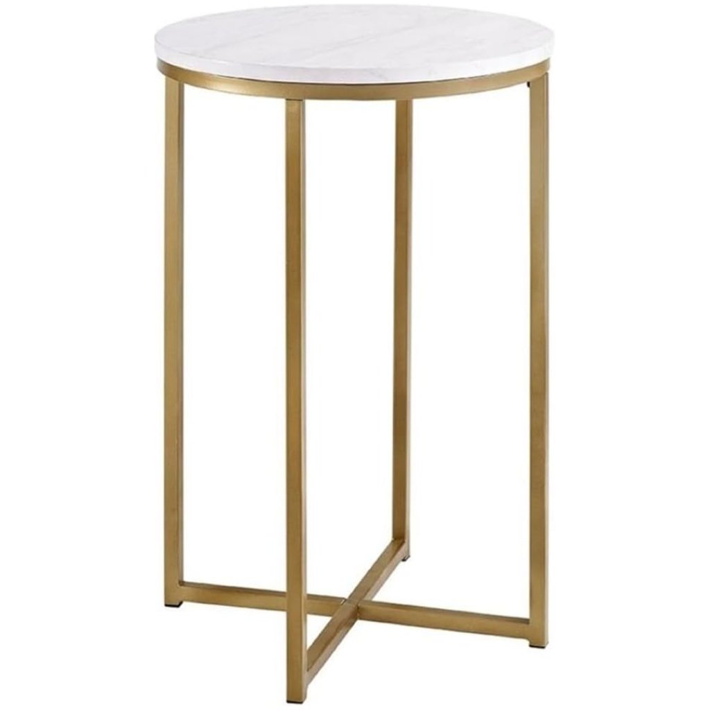 Walker Edison Cora Faux Marble Round Accent Table – 16 Inch with Gold X Base, Modern Design