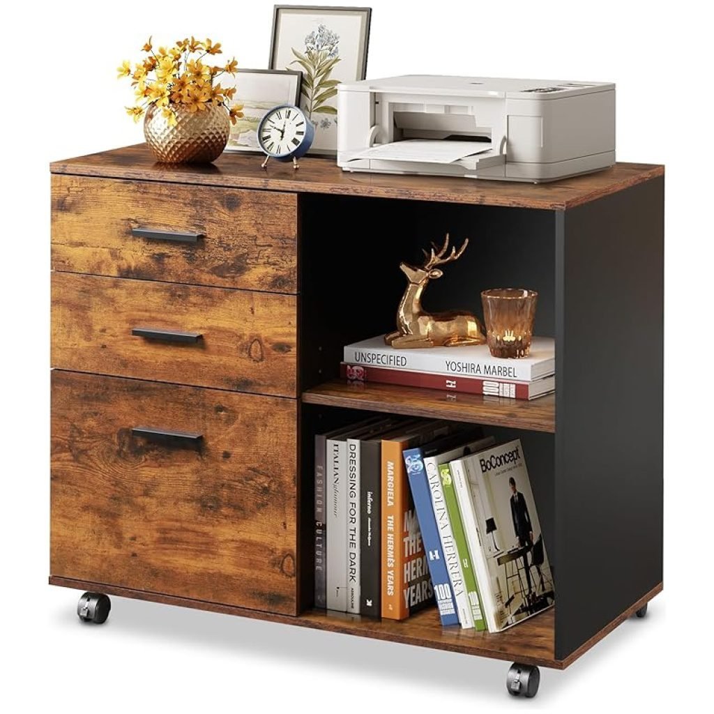 DEVAISE 3-Drawer Mobile Lateral Filing Cabinet with Rustic Brown Wood Finish, open storage shelves for home office or printer stand.
