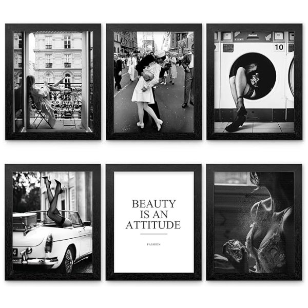 Framed Black and White Vintage Fashion Poster Set of 6 – Retro Girl Art Prints, 11"x14" for Living Room and Bedroom Decor