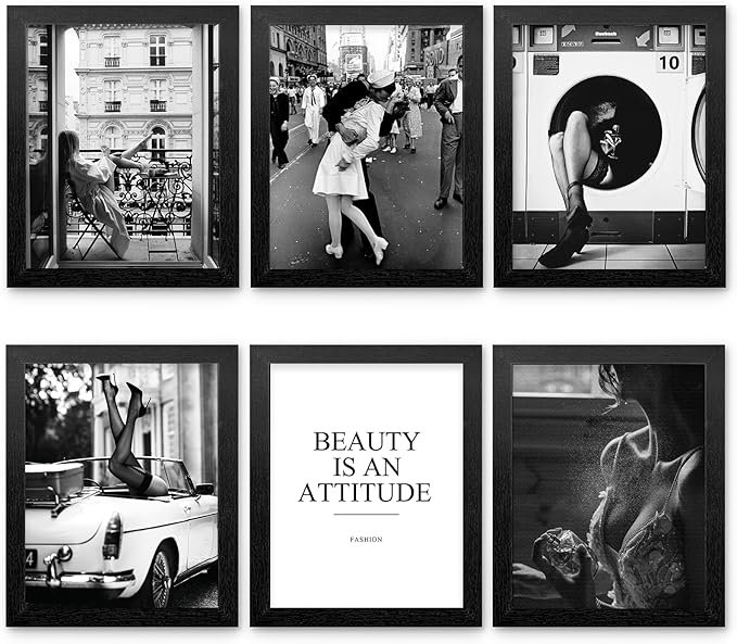 Framed Black and White Vintage Fashion Poster Set of 6 – Retro Girl Art Prints, 11"x14" for Living Room and Bedroom Decor