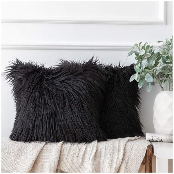 Ashler HOME DECO Decorative Black Faux Fur Throw Pillow Covers – 18 x 18 Inches (Pack of 2)