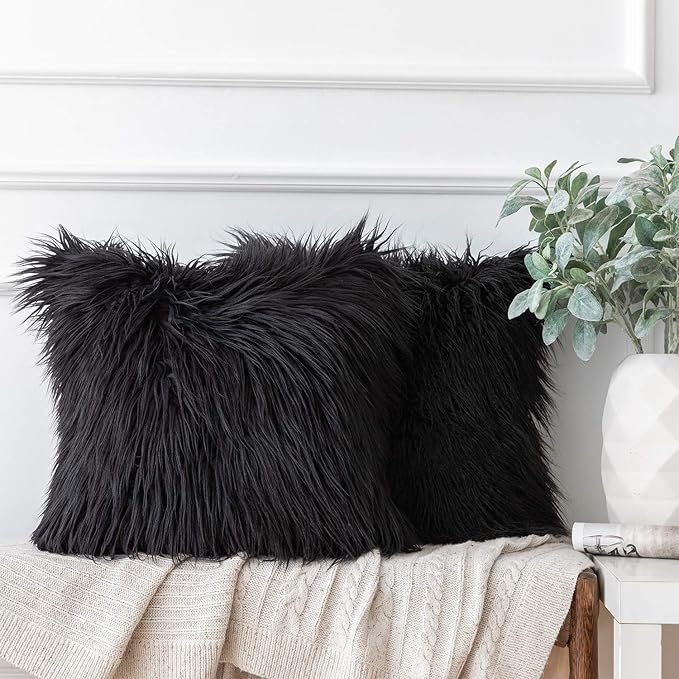 Ashler HOME DECO Decorative Black Faux Fur Throw Pillow Covers – 18 x 18 Inches (Pack of 2)