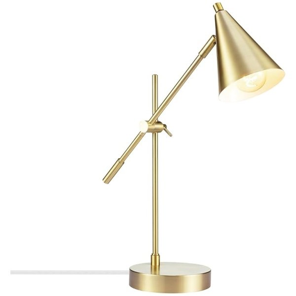 18-inch matte brass desk lamp with adjustable height, balance arm, and rotary switch, ideal for home office and modern décor.