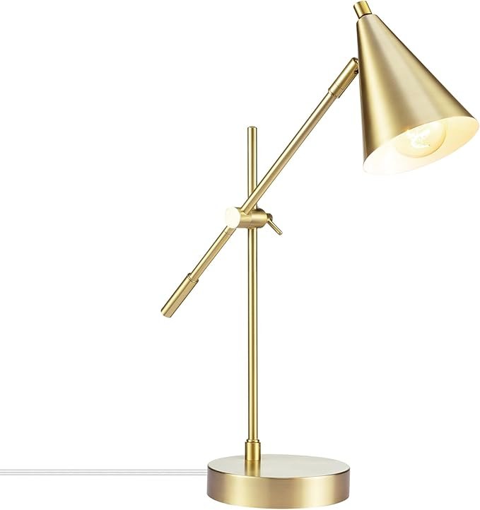 18-inch matte brass desk lamp with adjustable height, balance arm, and rotary switch, ideal for home office and modern décor.