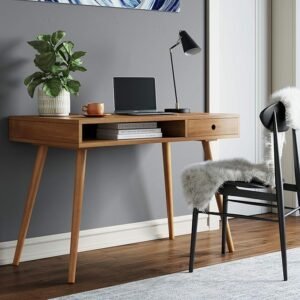 Modern writing desk with walnut finish and functional storage