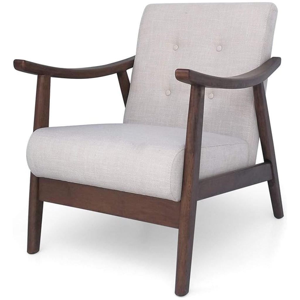 Christopher Knight Home Aurora Accent Chair, mid-century modern design with beige upholstery and a brown rubberwood frame, ideal for stylish living spaces.