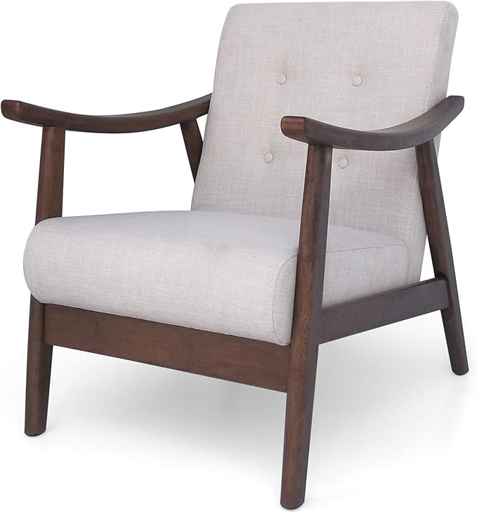 Christopher Knight Home Aurora Accent Chair, mid-century modern design with beige upholstery and a brown rubberwood frame, ideal for stylish living spaces.