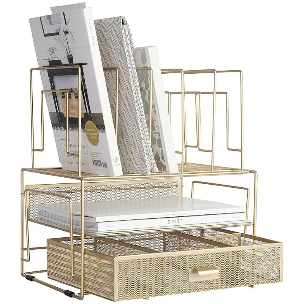 BLU MONACO Gold Desk Organizer, stylish workspace accessory for office supplies, paper, folders, and devices with compartments for efficient storage.