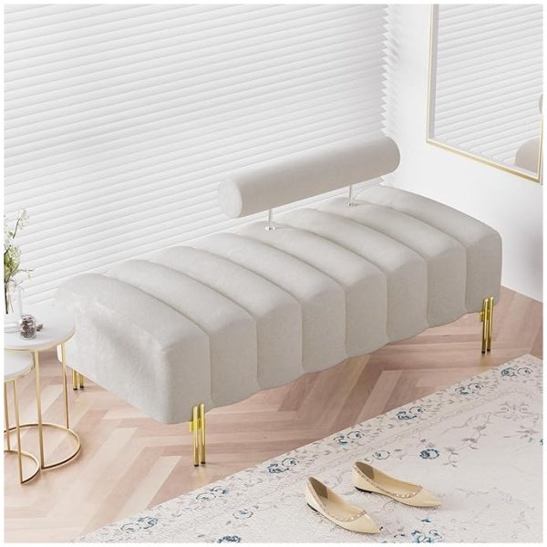 Modern Channel Tufted Bench with Adjustable Back – Velvet Footrest for Bedroom, Living Room, or Entryway (52.2", Beige White)