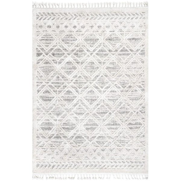 nuLOOM Ansley Moroccan Tassel Area Rug, 8x11, light grey, high-low textured bohemian design with plush high pile, ideal for living room or bedroom.