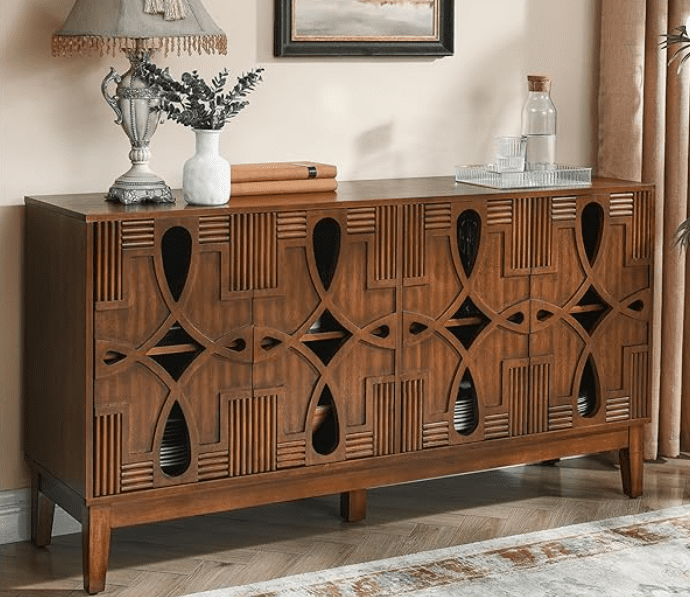 60" Mid Century Modern Sideboard Buffet Cabinet with Hollow Carved Doors and Outlet Holes