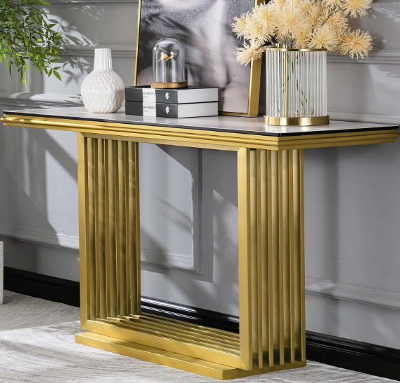 AUZ Gold Console Table, 55 inch Glass Sofa Table with Gorgeous Brushed Base