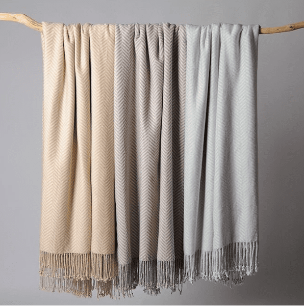 CUDDLE DREAMS Silk Throw Blanket with Fringe, Pure Silk, Herringbone Taupe