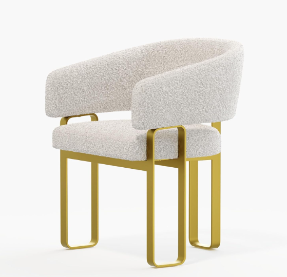 Dining Chair with Arms, Luxury Off White Boucle Chair with Brushed Gold U-Shaped Legs (1 pcs)