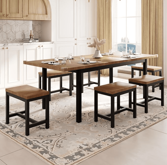 Feonase 7-Piece Dining Table Set, Large Extendable Table with 6 Stools