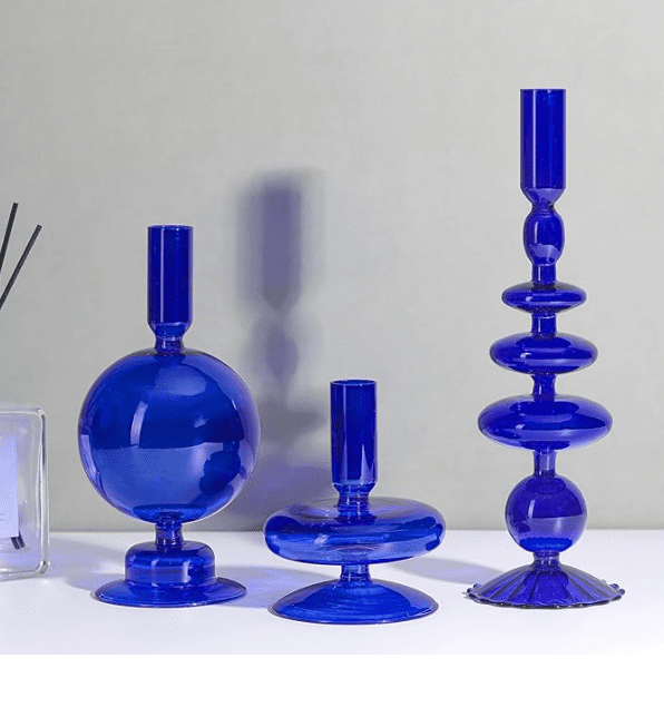 Glass Candlestick Holders, 3 Pcs Blue Groovy Taper Candle Holders