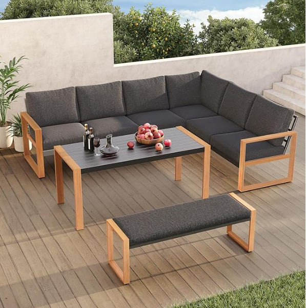 Grand Patio 4-Piece Aluminum Patio Furniture Set, L-Shaped Outdoor Sectional Couch with Dining Table and Bench