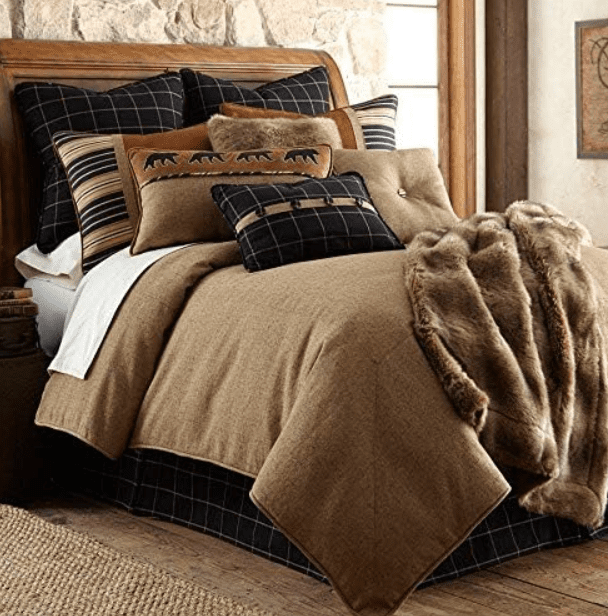 HiEnd Accents Ashbury 5 Piece Comforter Set, King Size, Tweed Tan and Black, Rustic Cabin Lodge Luxury Bedding Set, 1 Comforter, 1 Bed Skirt, 2 Pillow Shams, 1 Plaid Accent Pillow