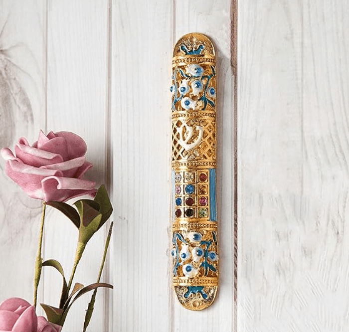 Matashi Hand-Painted Enamel Mezuzah with Multi-Colored Crystals and Gold Accents – 6-Inch