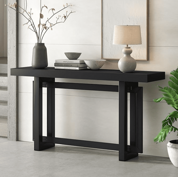 Merax Modern Wood Entryway Console Table with Industrial Concrete Top – Black