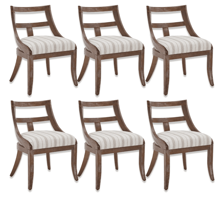 Modern Farmhouse Dining Chairs Set of 6, Brown Walnut & Linen Khaki Stripe