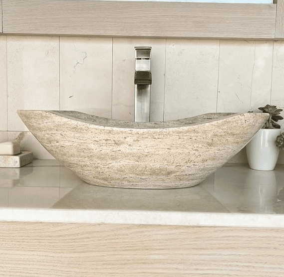 Oval Canoe Shape Hand Carved Marble – Real Travertine Stone – Includes Free Soap Tray 2