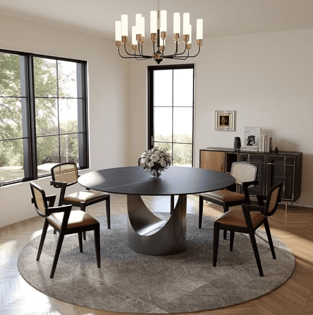 POVISON Round Dining Table for 4-6 – 59" Matte Black Sintered Stone Tabletop with Gray Carbon Steel Pedestal (table only)