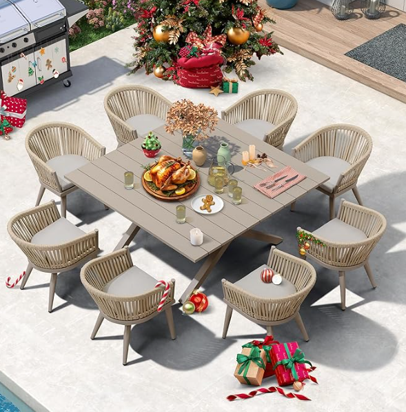 PURPLE LEAF 9 Pieces Outdoor Dining Set with Patio Aluminum Square Dining Table and Wicker Rattan Chairs