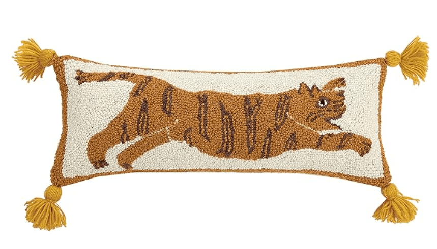 Peking Handicraft Tiger Pom Pom Hook Pillow - 100% Wool and Cotton