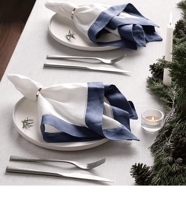 Pure Linen White and Navy Blue Dinner Napkins Set of 4, 20x20 Inch