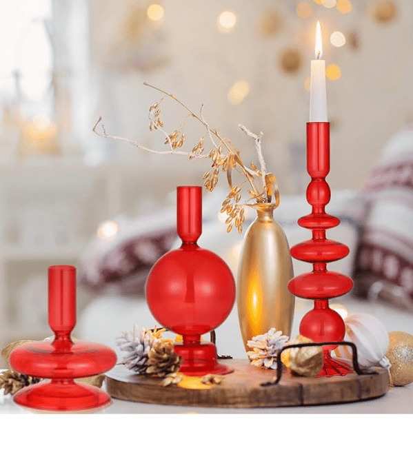 Red Groovy Taper Glass Candlestick Holders 3 Pcs