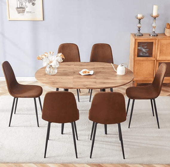 Round Dining Table Set for 6, Extendable Table with 6 Upholstered Chairs