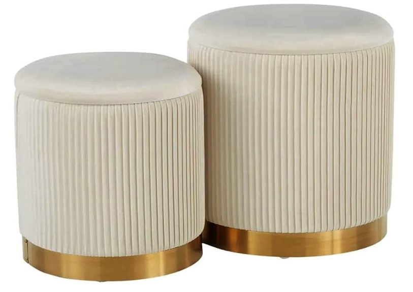 Round Ottoman with Storage Set of 2, Off-White Velvet, Cream