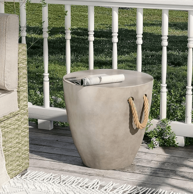 SUNBURY Outdoor Side Table, 17 inch H Concrete End Table with Hemp Rope