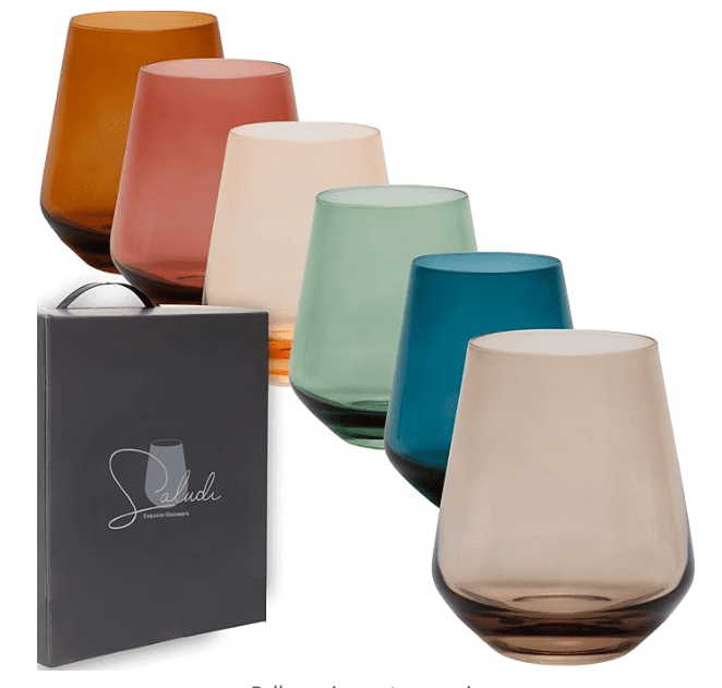 Saludi Colored Stemless Glasses, Set of 6 Hand-Blown