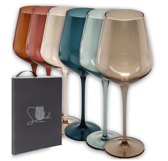 Saludi Colored Wine Glasses, Set of 6 – Stemmed Multi-Color Hand-Blown