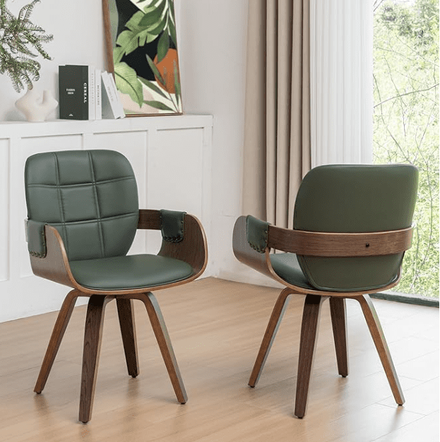 Set of 2 Swivel Faux Leather Chairs with Arms, Curved Back, and Walnut Bentwood Structure (Walnut Green)