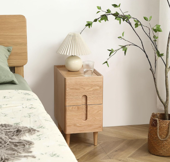 Solid Wood Bedside Table Nightstands, Slim Narrow Oak Real Wooden Mid-Century Modern End Table