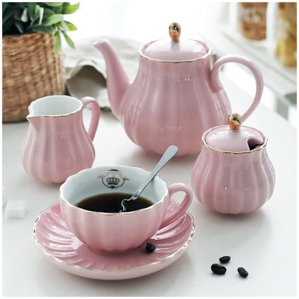 Sweejar Porcelain Tea Set, British Royal Series in Pink – 8 oz Cups, Saucers, Teapot, Sugar Bowl, Cream Pitcher, and Accessories