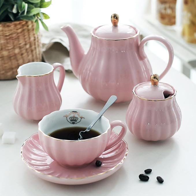 Sweejar Porcelain Tea Set, British Royal Series in Pink – 8 oz Cups, Saucers, Teapot, Sugar Bowl, Cream Pitcher, and Accessories