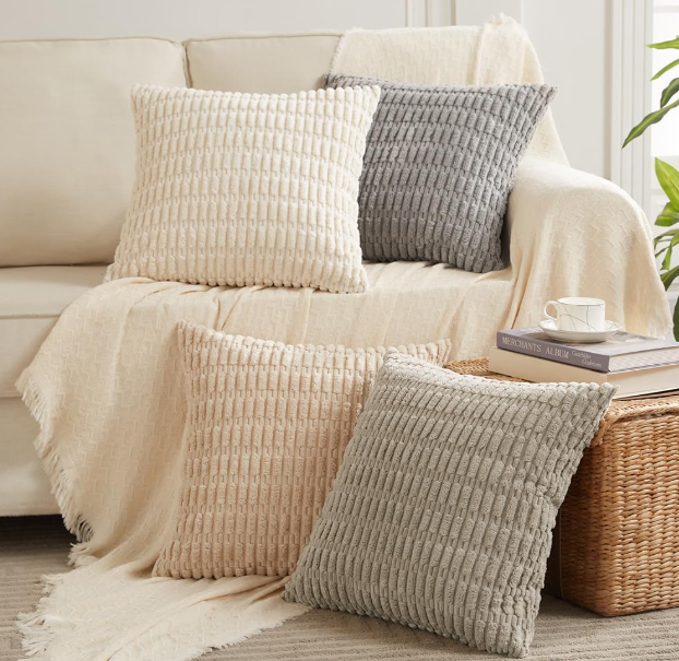 Fancy Homi 4 Pack Striped Corduroy Throw Pillow Covers