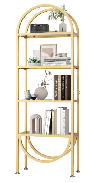 Freestanding 4-Tier Gold Bookshelves with Glass Shelves