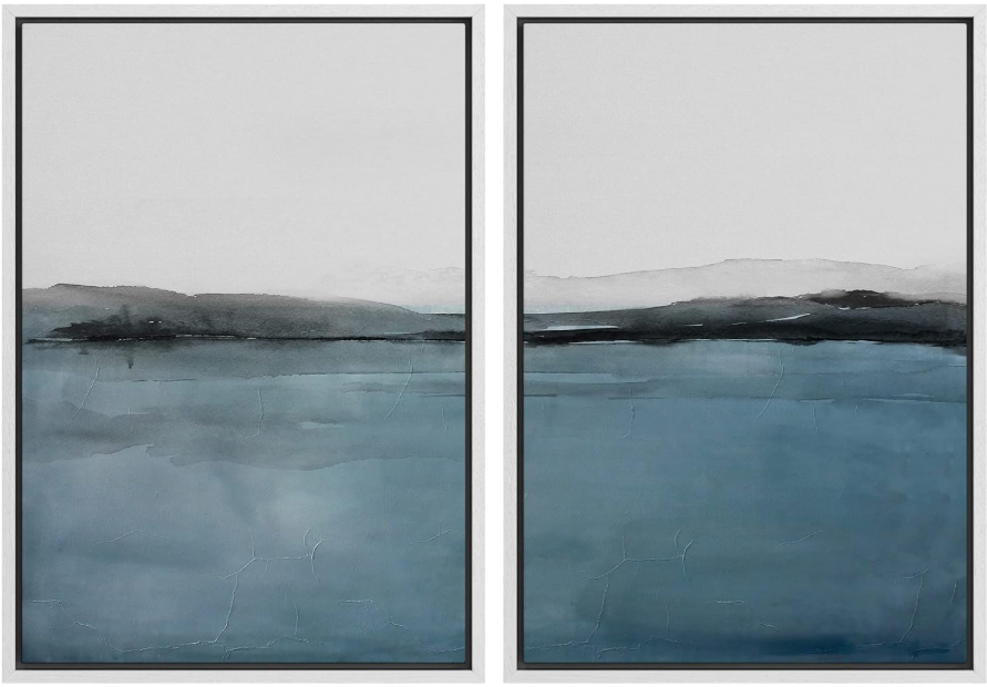 MUDECOR Framed Canvas Print Wall Art Set, Blue Pastel Abstract Landscape, 24x36 inch x2, White